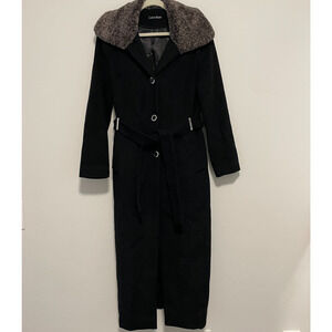 Calvin Klein Long Wool Black Overcoat Faux Fur Collar & Belt Women's Size 4